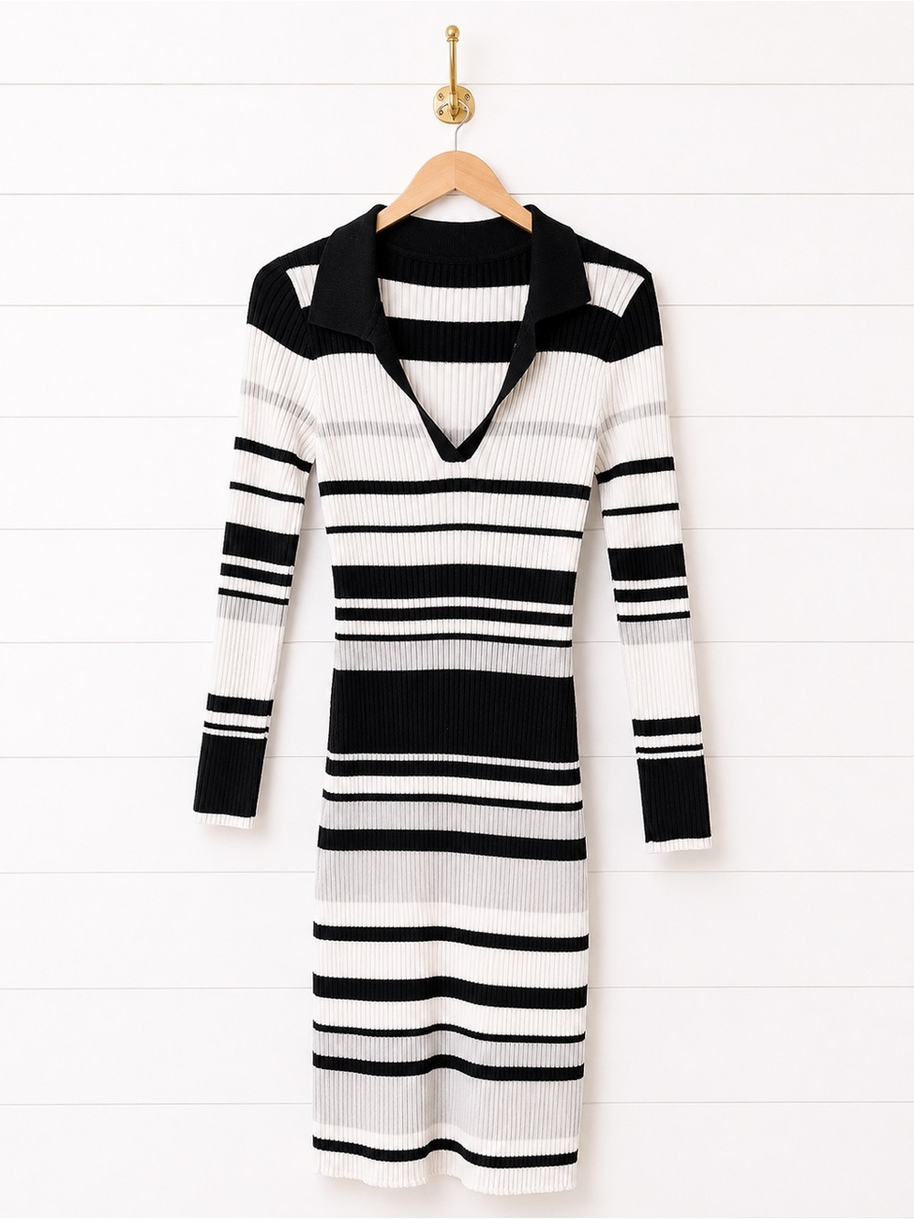 Black and White Striped Ribbed Knit Dress